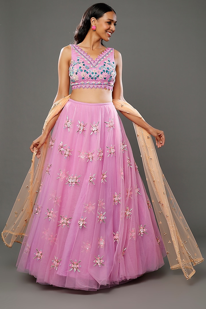 Pink Embroidered Lehenga Set by Papa don't preach by Shubhika