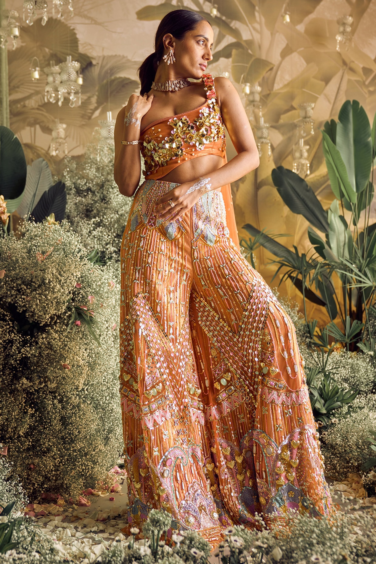 Brick Brown Tissue Sequins Embroidered Jumpsuit With Dupatta by