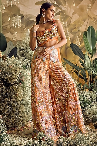 Brick Brown Tissue Sequins Embroidered Jumpsuit With Dupatta by Papa Don't Preach by Shubhika