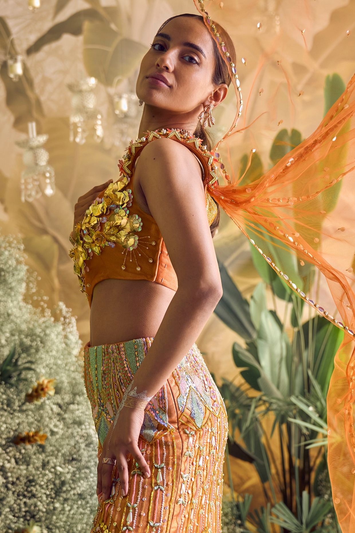 Brick Brown Tissue Sequins Embroidered Jumpsuit With Dupatta by