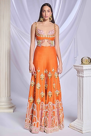 Burnt Orange Raw Silk Crystal Embroidered Pant Set by Papa Don't Preach by Shubhika