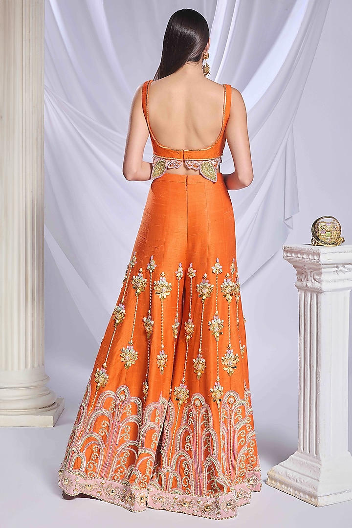 Burnt Orange Raw Silk Crystal Embroidered Pant Set by Papa Don't Preach by Shubhika at Pernia's Pop Up Shop