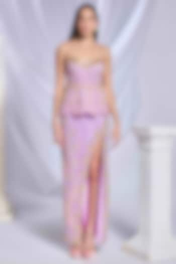 Lilac Tulle Pearl Embellished Slit Skirt Set by Papa Don't Preach by Shubhika