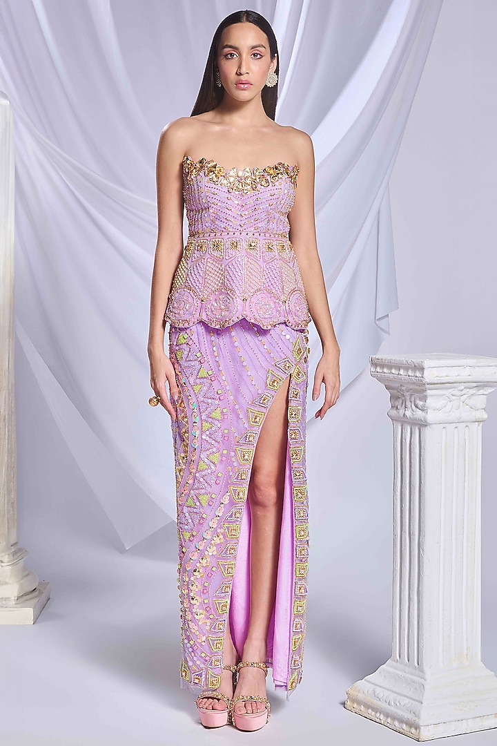 Lilac Tulle Pearl Embellished Slit Skirt Set by Papa Don't Preach by Shubhika