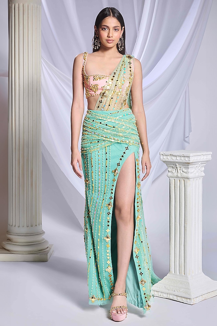 Green Tulle Pearl Embroidered Pre-Stitched Slit Saree Set by Papa Don't Preach by Shubhika