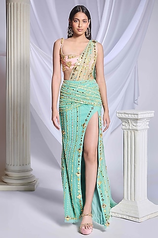 Green Tulle Pearl Embroidered Pre-Stitched Slit Saree Set by Papa Don't Preach by Shubhika