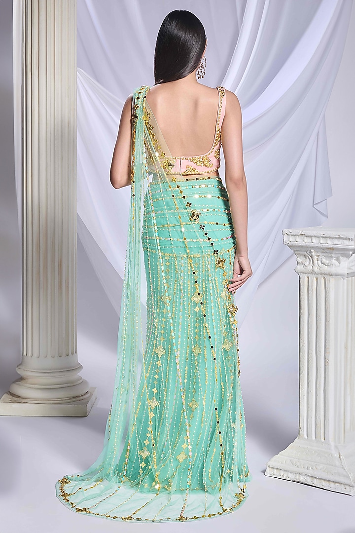 Green Tulle Pearl Embroidered Pre-Stitched Slit Bridal Saree Set by Papa Don't Preach by Shubhika at Pernia's Pop Up Shop