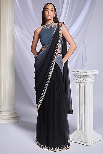 Greyish-Black Georgette Crystal Embroidered Bridal Saree Set by Papa Don't Preach by Shubhika at Pernia's Pop Up Shop