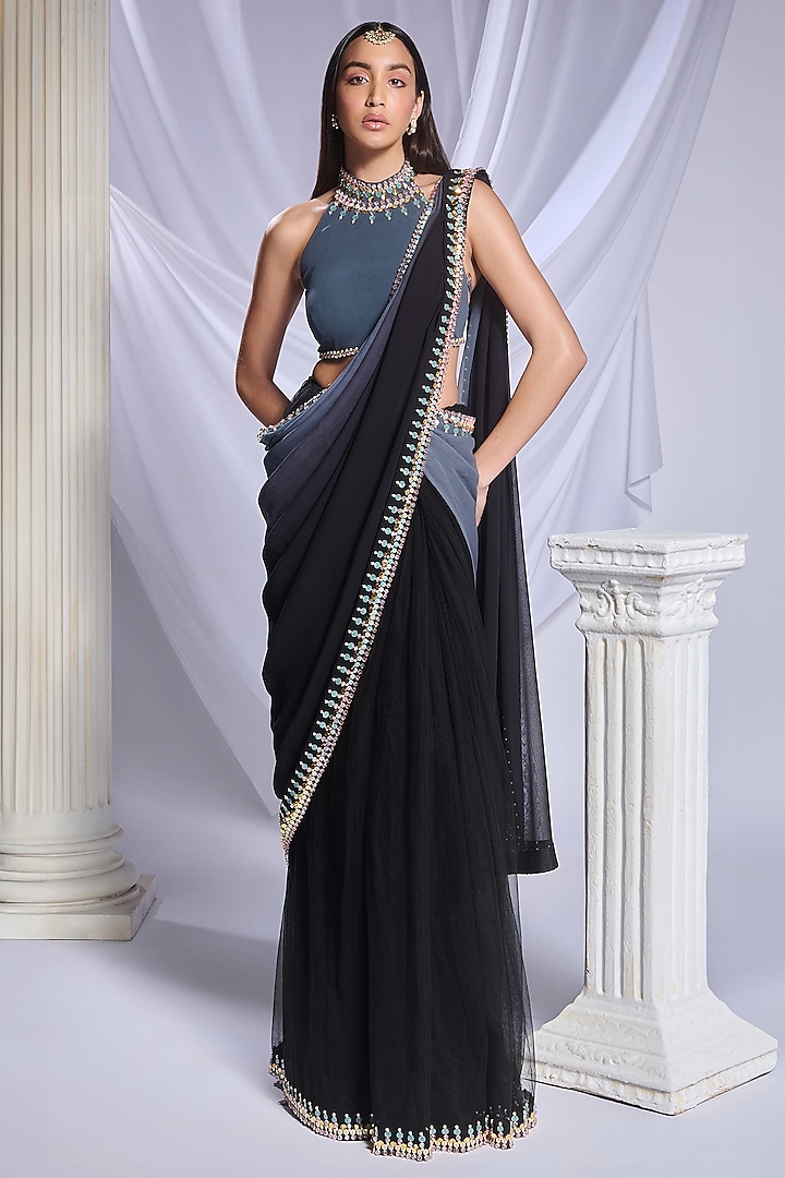 Greyish-Black Georgette Crystal Embroidered Saree Set by Papa Don't Preach by Shubhika at Pernia's Pop Up Shop