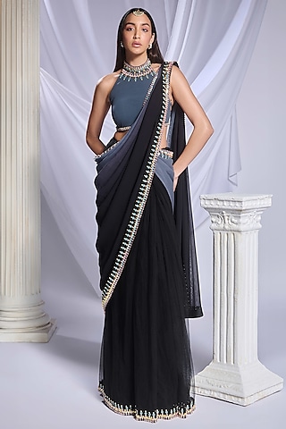 Greyish-Black Georgette Crystal Embroidered Saree Set by Papa Don't Preach by Shubhika