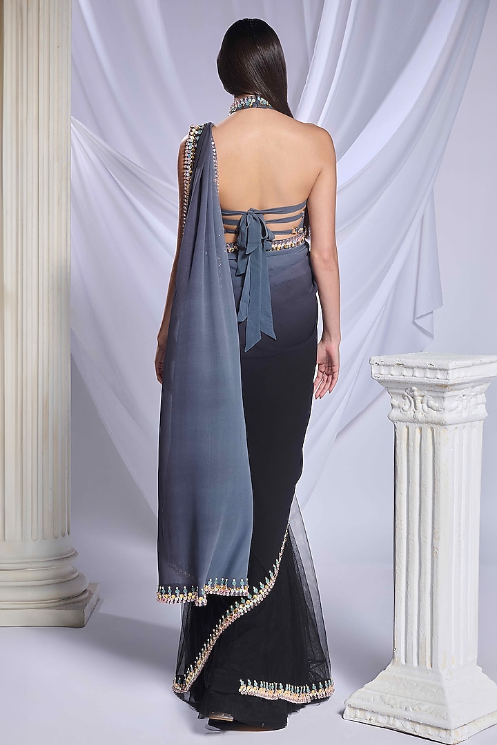 Greyish-Black Georgette Crystal Embroidered Bridal Saree Set by Papa Don't Preach by Shubhika at Pernia's Pop Up Shop