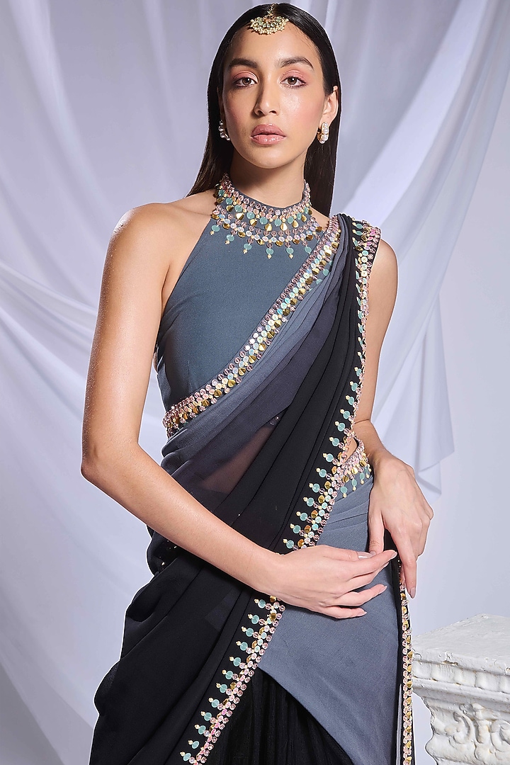 Greyish-Black Georgette Crystal Embroidered Bridal Saree Set by Papa Don't Preach by Shubhika at Pernia's Pop Up Shop