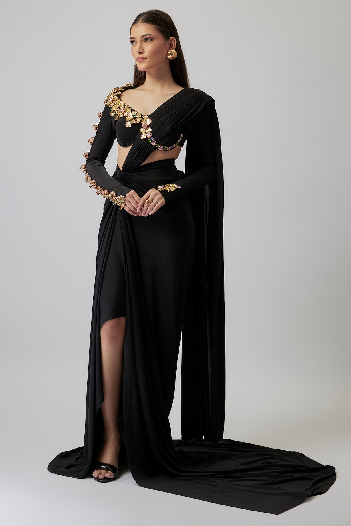 Midnight Onyx Black Lycra Gold Hand Embroidered Draped Gown Saree