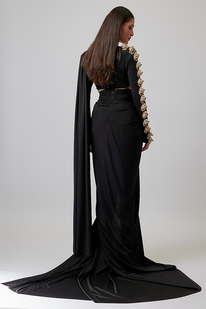 Midnight Onyx Black Lycra Gold Hand Embroidered Draped Reception Gown Saree by Papa Don't Preach by Shubhika at Pernia's Pop Up Shop