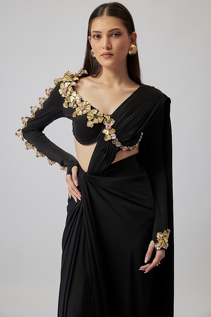 Midnight Onyx Black Lycra Gold Hand Embroidered Draped Reception Gown Saree by Papa Don't Preach by Shubhika at Pernia's Pop Up Shop