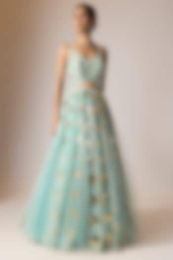 Sea-Foam Aqua Soft Tulle Beads Hand Embroidered Bridal Gown by Papa Don't Preach by Shubhika at Pernia's Pop Up Shop