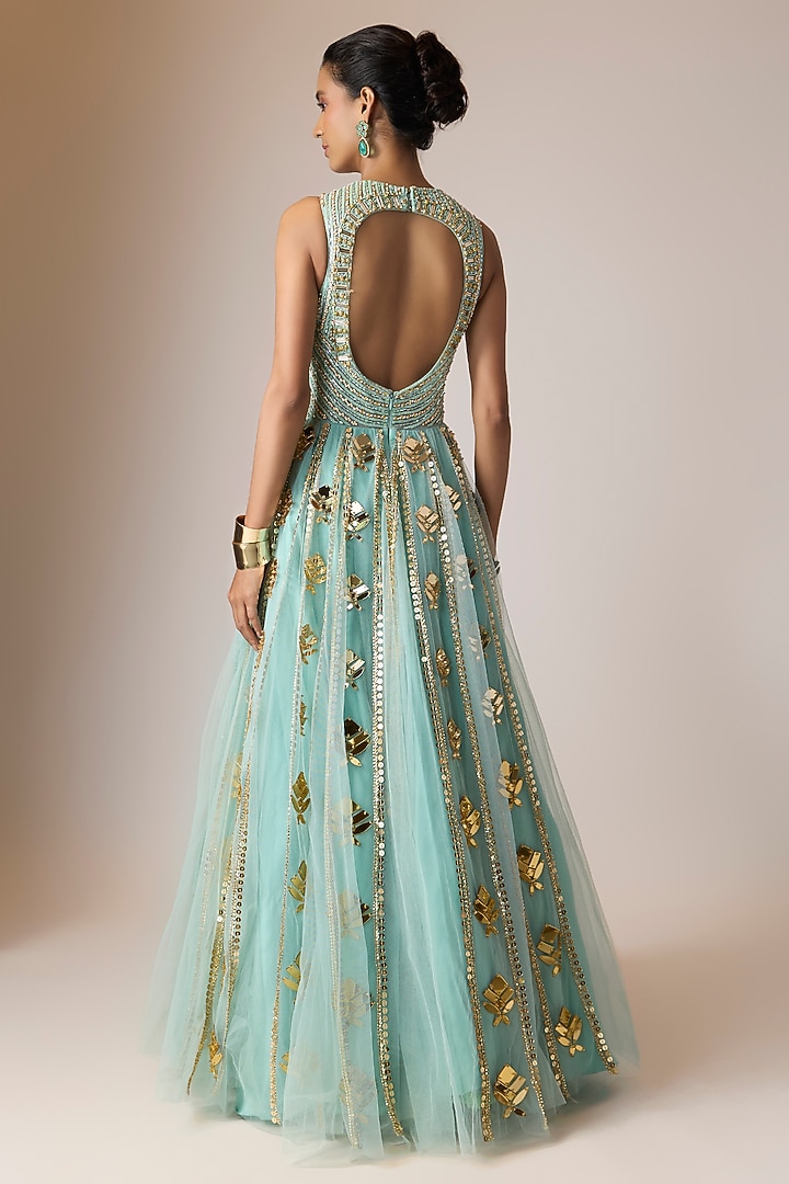 Sea-Foam Aqua Soft Tulle Beads Hand Embroidered Bridal Gown by Papa Don't Preach by Shubhika at Pernia's Pop Up Shop