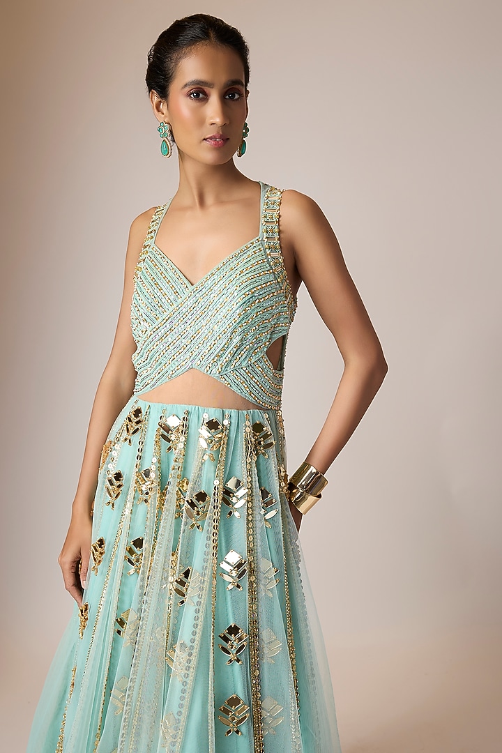 Sea-Foam Aqua Soft Tulle Beads Hand Embroidered Bridal Gown by Papa Don't Preach by Shubhika at Pernia's Pop Up Shop