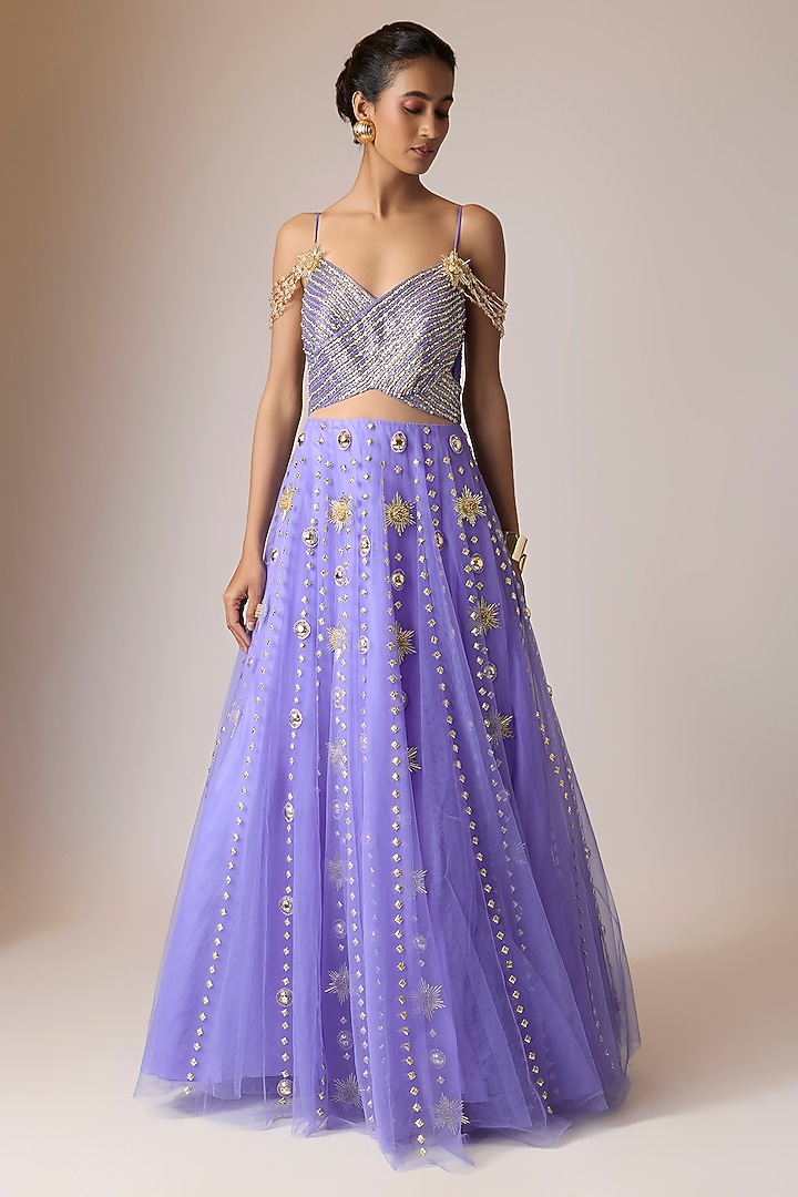 Royal Blue Soft Tulle Mirror Hand Embroidered Bridal Gown by Papa Don't Preach by Shubhika at Pernia's Pop Up Shop