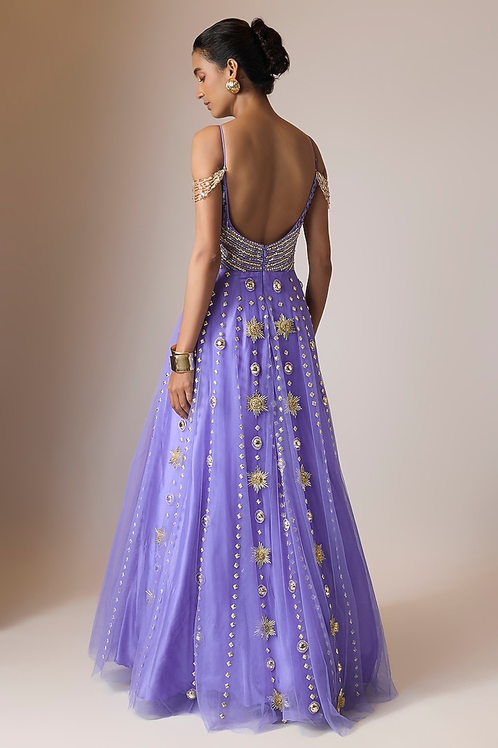 Royal Blue Soft Tulle Mirror Hand Embroidered Bridal Gown by Papa Don't Preach by Shubhika at Pernia's Pop Up Shop