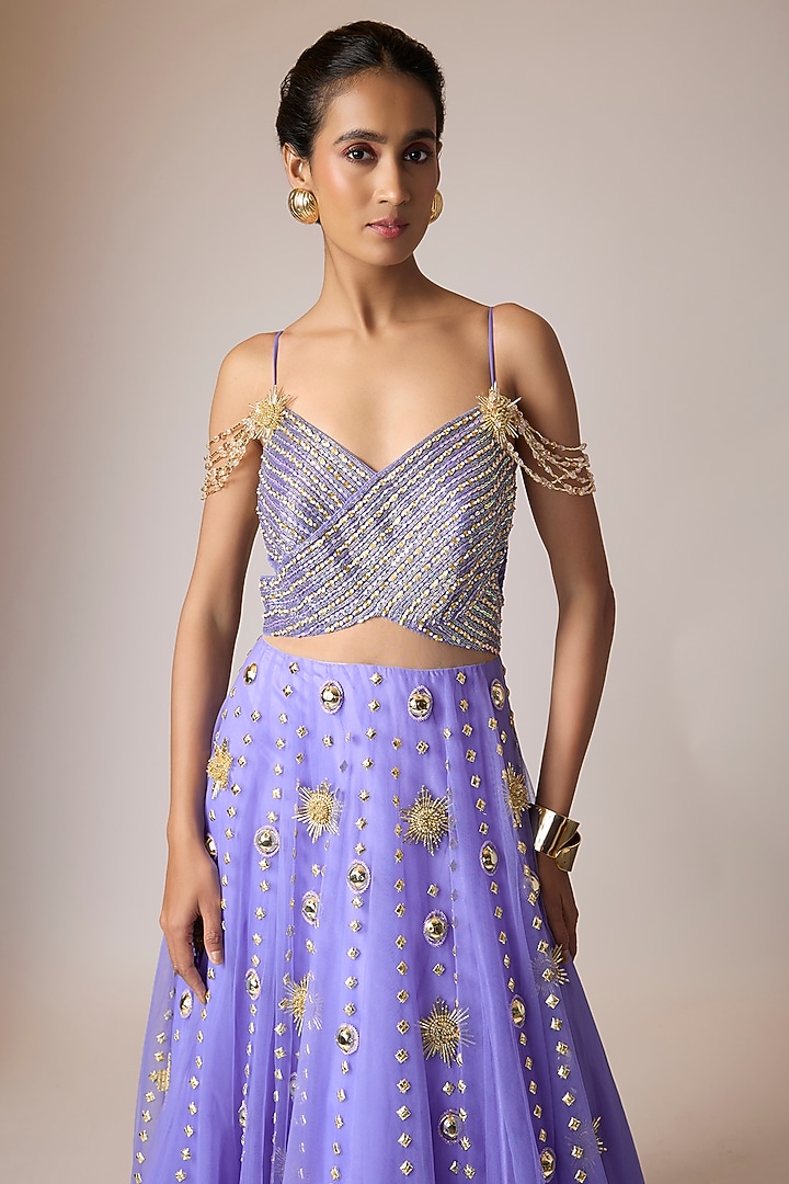 Royal Blue Soft Tulle Mirror Hand Embroidered Bridal Gown by Papa Don't Preach by Shubhika at Pernia's Pop Up Shop