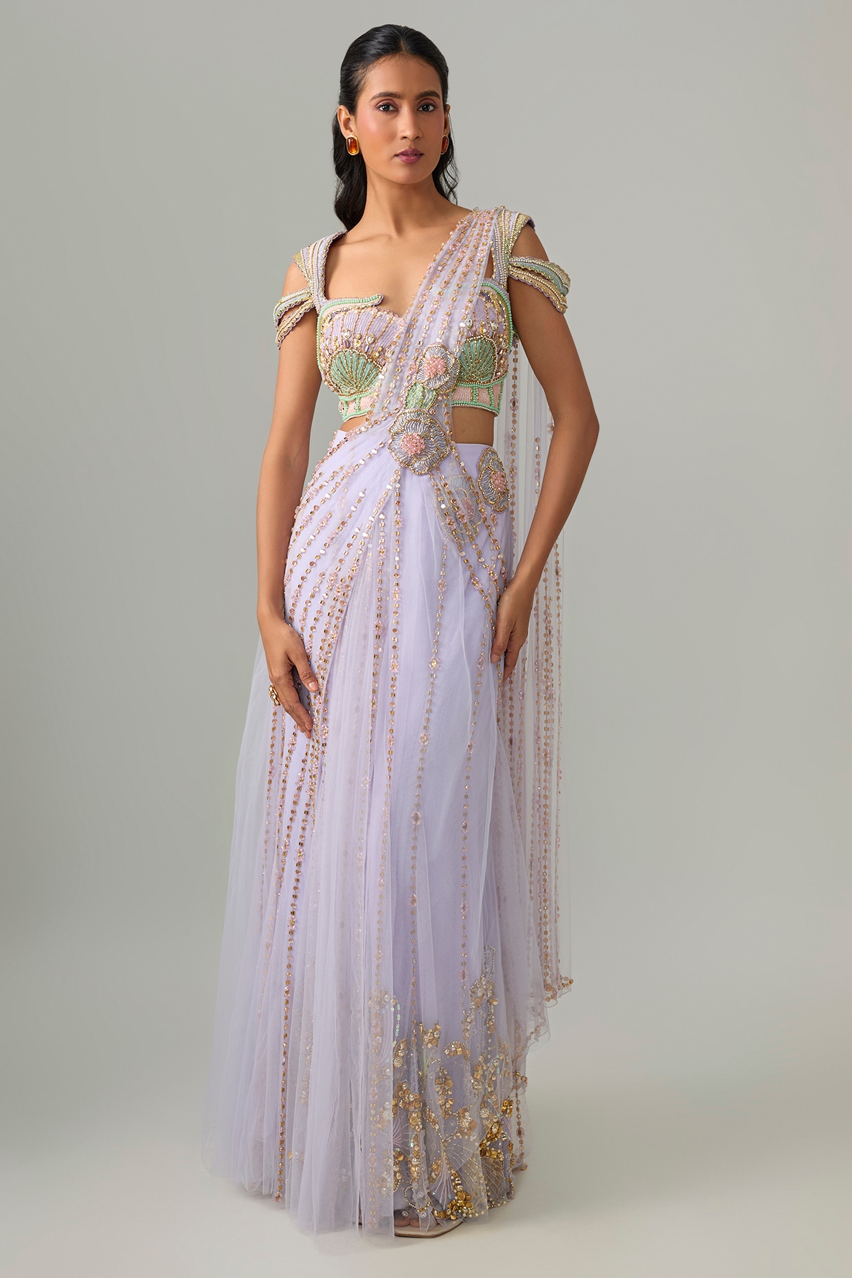 PAPA DONT PREACH PRET Lilac Tulle Floral Applique Embroidered Draped Saree Set