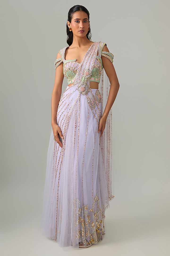 Lilac Tulle Floral Applique Embroidered Draped Bridal Saree Set by PAPA DONT PREACH PRET at Pernia's Pop Up Shop