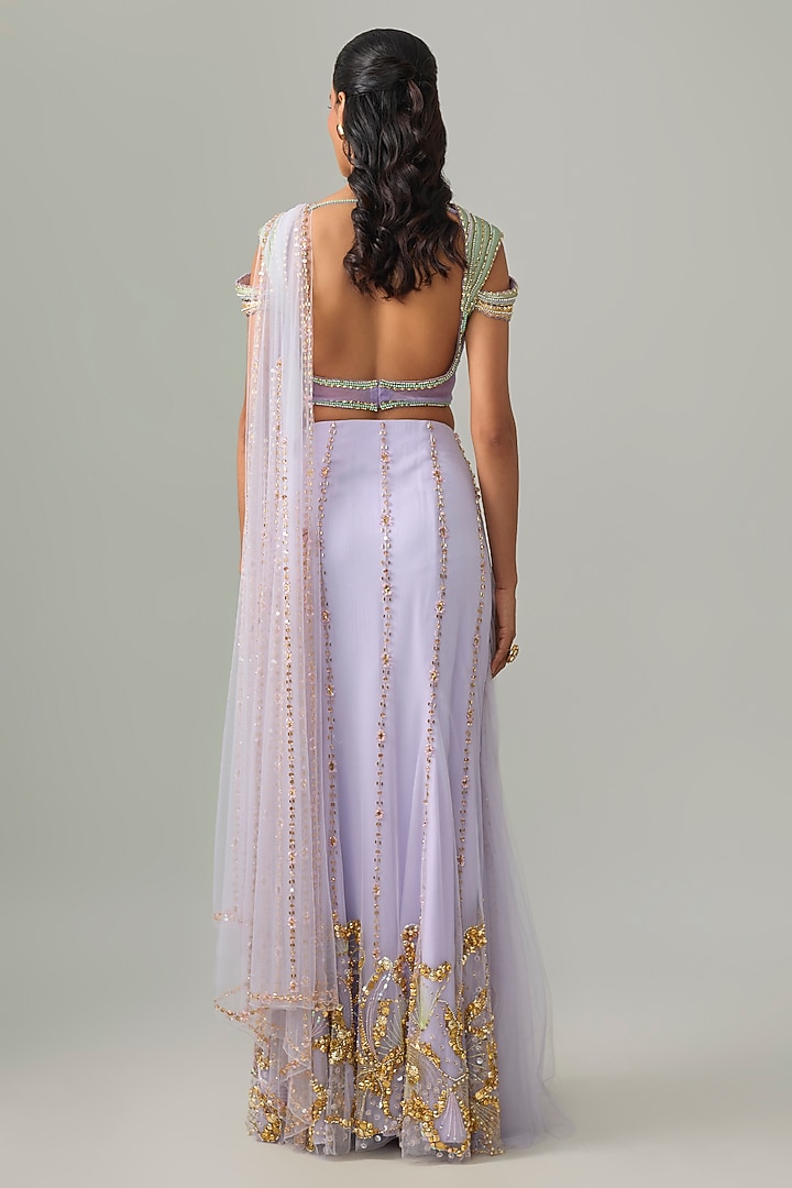 Lilac Tulle Floral Applique Embroidered Draped Bridal Saree Set by PAPA DONT PREACH PRET at Pernia's Pop Up Shop