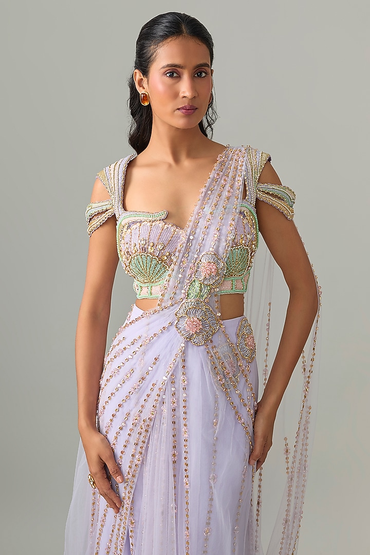 Lilac Tulle Floral Applique Embroidered Draped Bridal Saree Set by PAPA DONT PREACH PRET at Pernia's Pop Up Shop