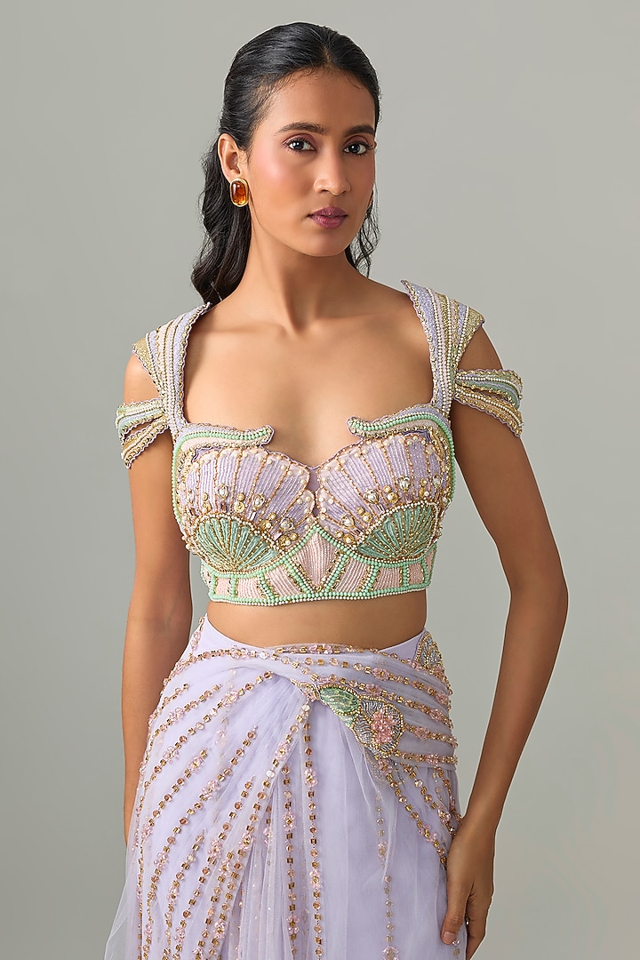 Lilac Tulle Floral Applique Embroidered Draped Bridal Saree Set by PAPA DONT PREACH PRET at Pernia's Pop Up Shop
