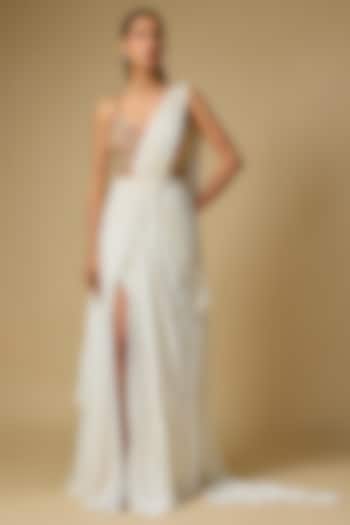 Off-White Georgette Draped Bridal Saree Set by PAPA DONT PREACH PRET at Pernia's Pop Up Shop