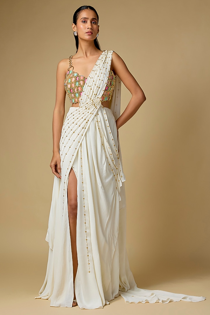 Off-White Georgette Draped Bridal Saree Set by PAPA DONT PREACH PRET at Pernia's Pop Up Shop