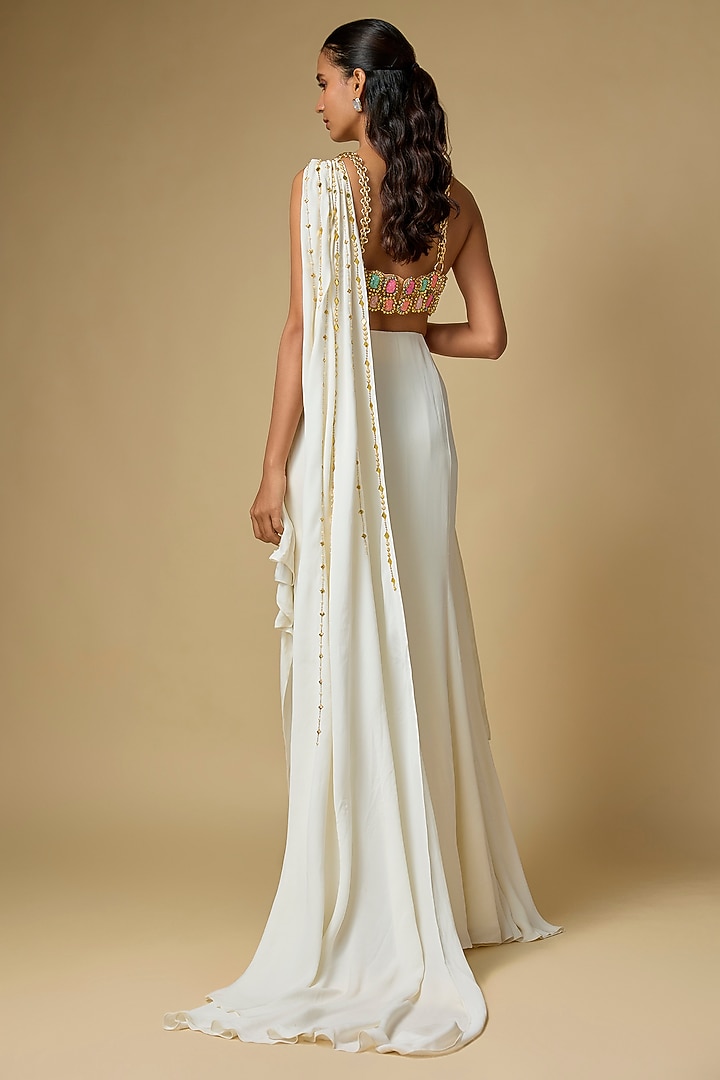 Off-White Georgette Draped Bridal Saree Set by PAPA DONT PREACH PRET at Pernia's Pop Up Shop