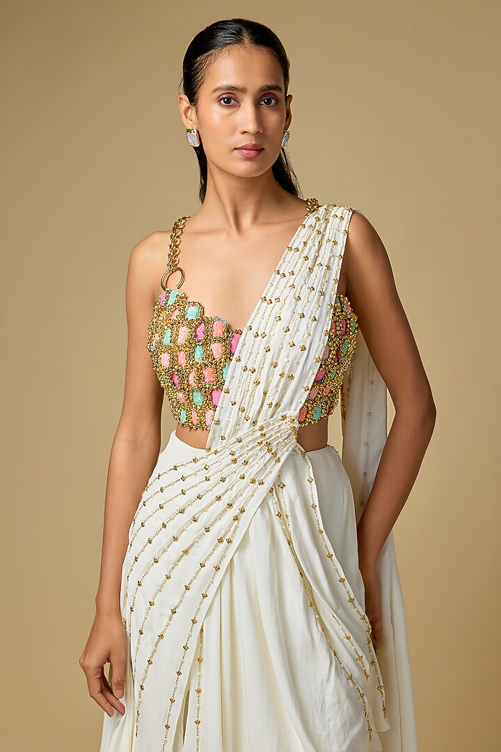 Off-White Georgette Draped Bridal Saree Set by PAPA DONT PREACH PRET at Pernia's Pop Up Shop