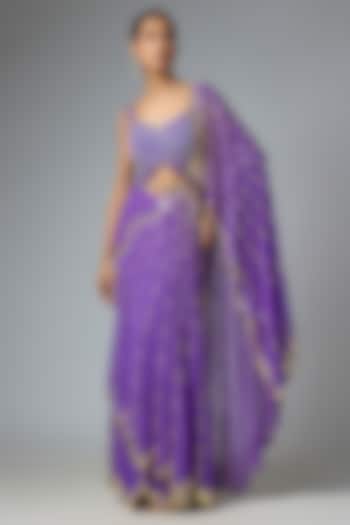Purple Tulle Pre-Draped Mermaid Bridal Saree Set by Papa Don't Preach by Shubhika at Pernia's Pop Up Shop