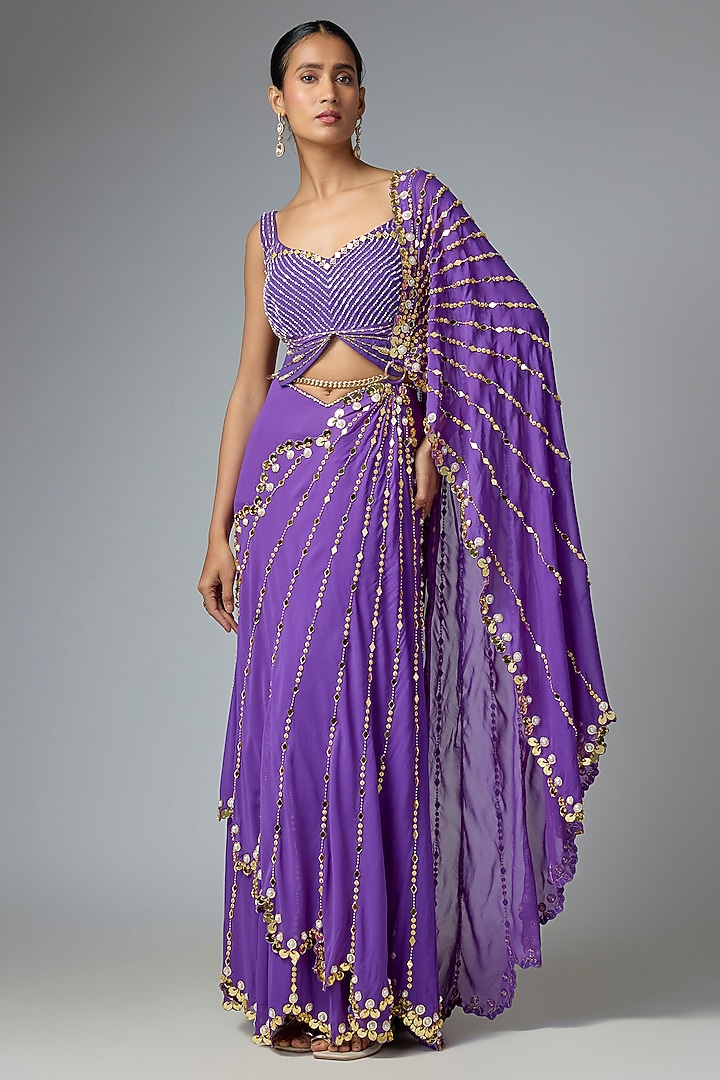 Purple Tulle Pre-Draped Mermaid Bridal Saree Set by Papa Don't Preach by Shubhika at Pernia's Pop Up Shop