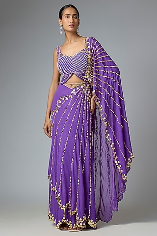 Purple Tulle Pre-Draped Mermaid Saree Set by Papa Don't Preach by Shubhika