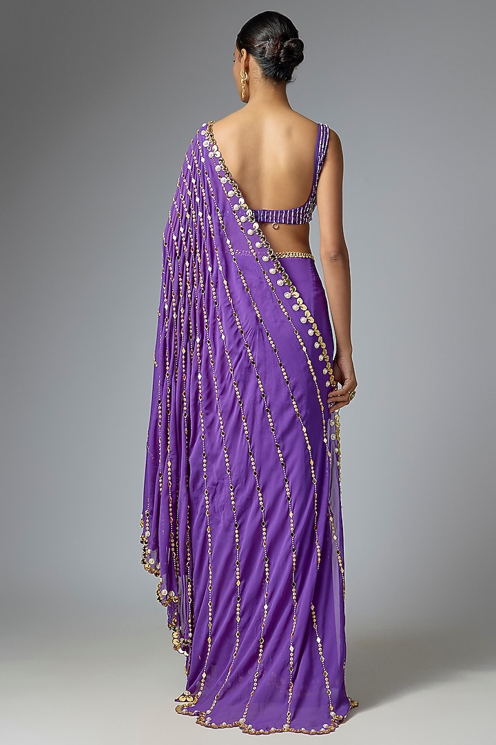 Purple Tulle Pre-Draped Mermaid Bridal Saree Set by Papa Don't Preach by Shubhika at Pernia's Pop Up Shop