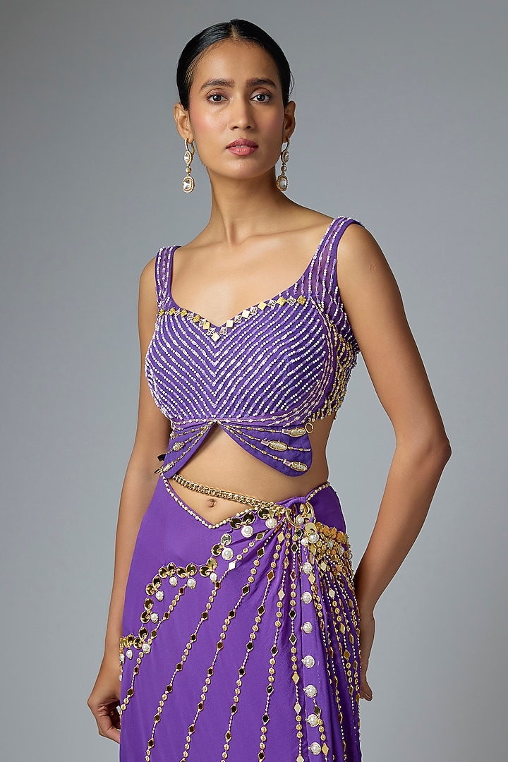Purple Tulle Pre-Draped Mermaid Bridal Saree Set by Papa Don't Preach by Shubhika at Pernia's Pop Up Shop