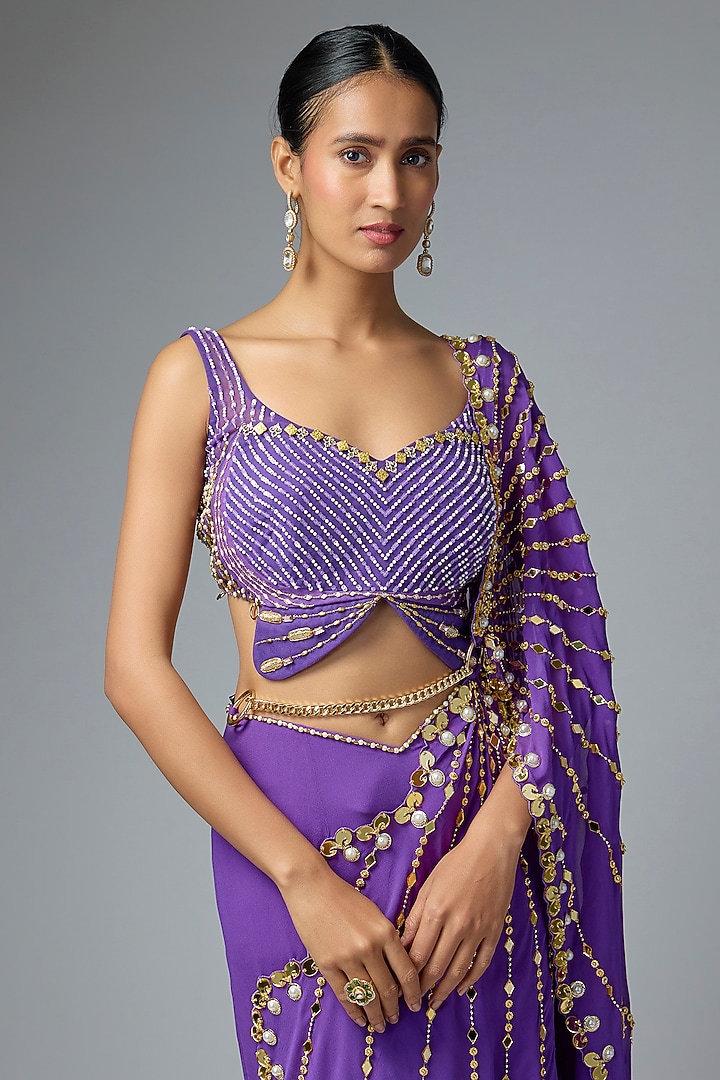 Purple Tulle Pre-Draped Mermaid Bridal Saree Set by Papa Don't Preach by Shubhika at Pernia's Pop Up Shop