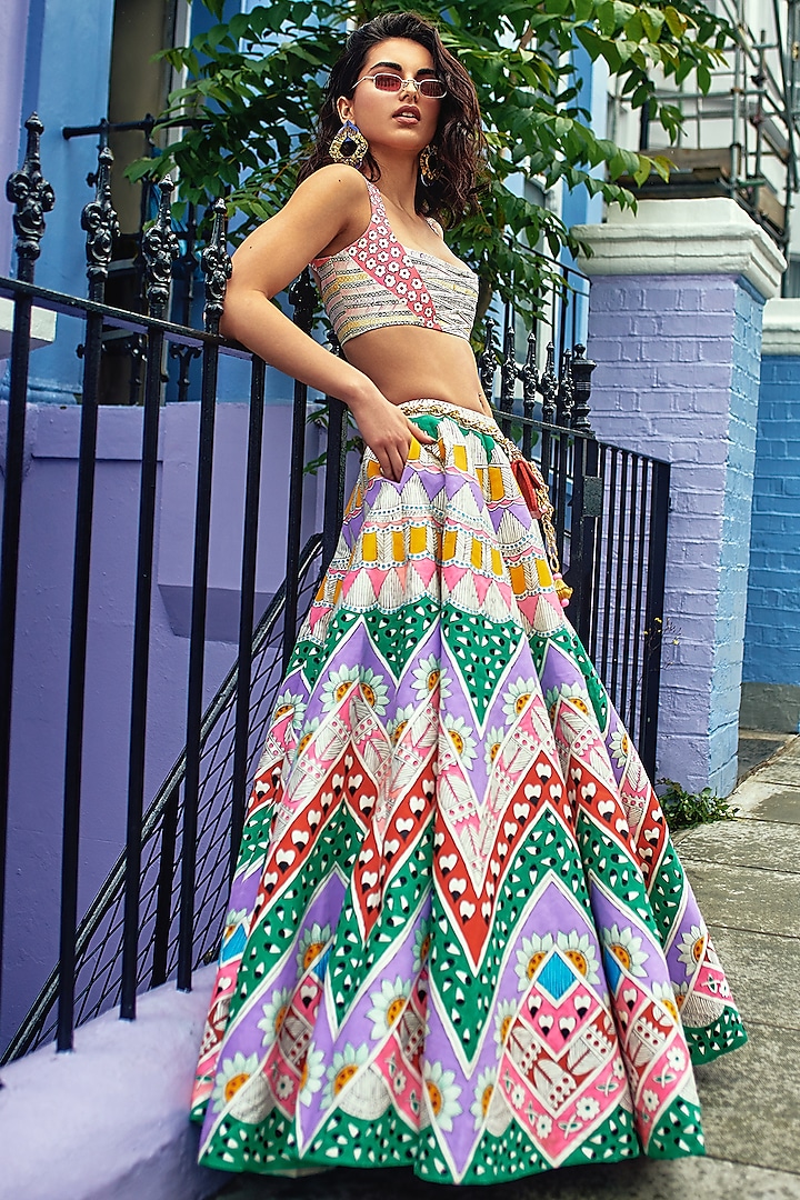 Multi Colored Hand Painted Ruffled Blouse WIth Lehenga Skirt Design by Papa  Don't Preach by Shubhika at Pernia's Pop Up Shop 2024
