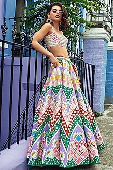 Multi Colored Hand Painted Ruffled Blouse WIth Lehenga Skirt Design by ...