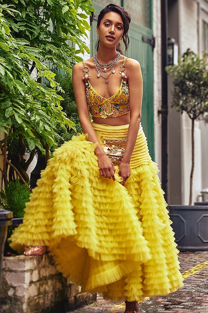 Lime Yellow Ruffled Lehenga Skirt With Embellished Bralet by Papa Don't Preach by Shubhika