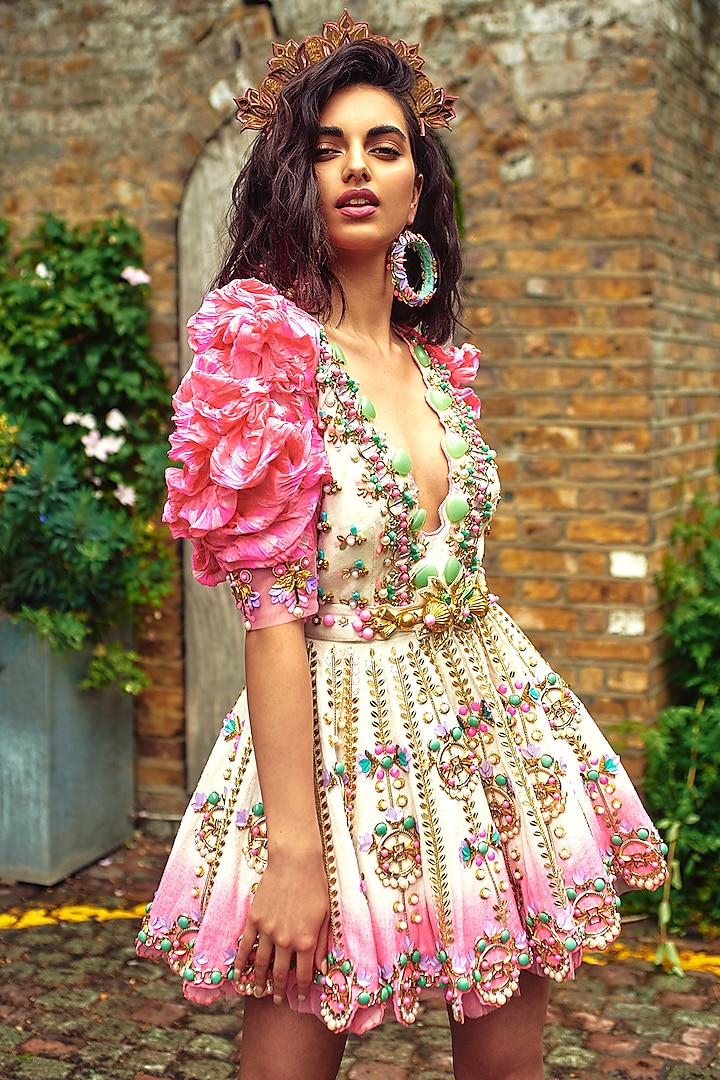 Ivory To Pink Embellished Dress With Leheriya Shrug Design by Papa Don ...