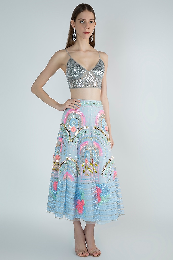 Powder Blue Embroidered Lehenga Skirt With Bralette by Papa Don't Preach by Shubhika