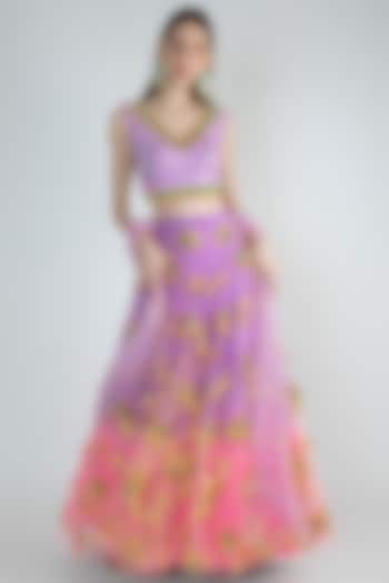 Lilac To Pink Embroidered & Dip-Dyed Lehenga Set by Papa Don't Preach by Shubhika