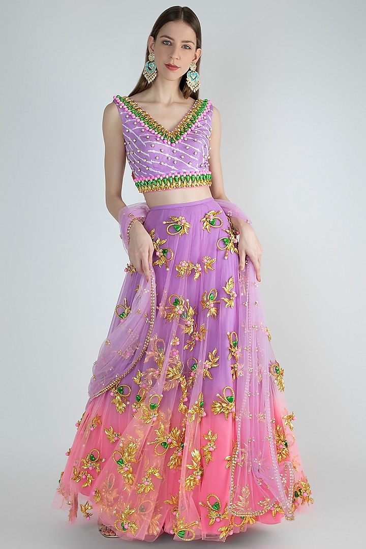 Lilac To Pink Embroidered & Dip-Dyed Lehenga Set by Papa Don't Preach by Shubhika