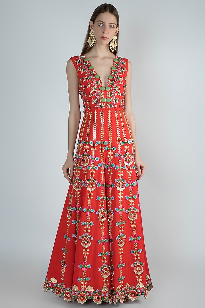 Tomato Red Embroidered Jumpsuit Design by Papa Don't Preach by Shubhika ...