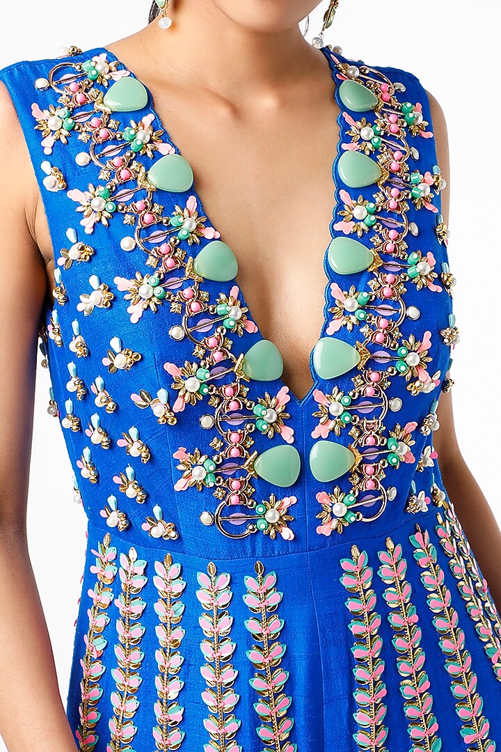 Blue 3D Metallic Embellished Jumpsuit by Papa Don't Preach by Shubhika at Pernia's Pop Up Shop