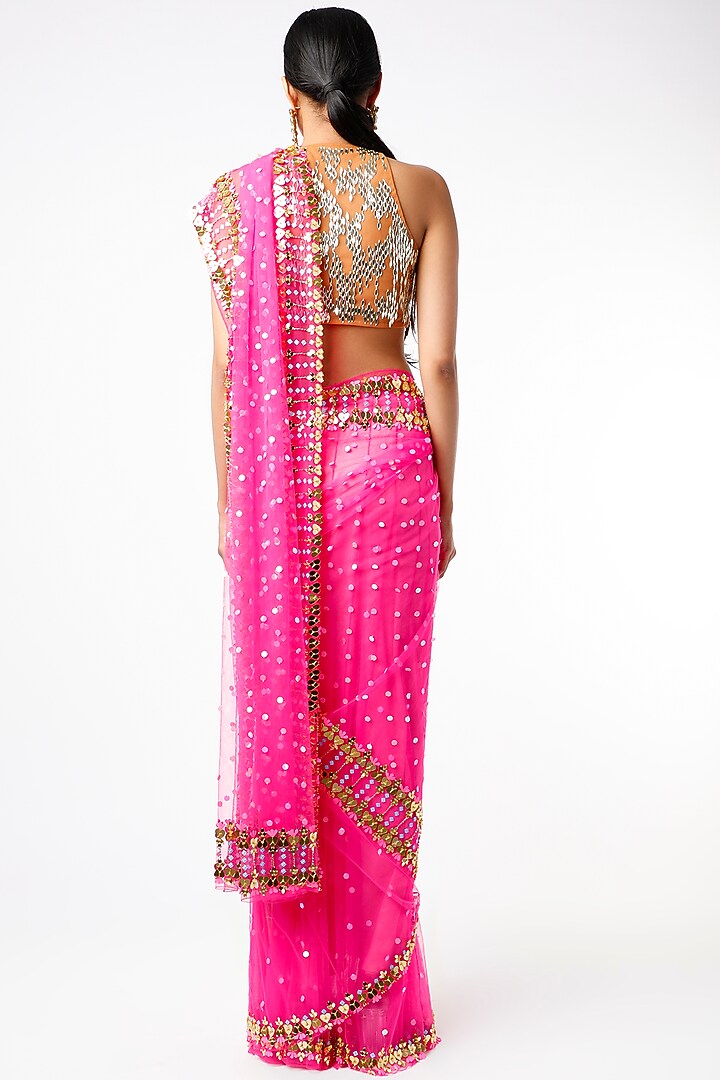 Hot Pink Tulle Embroidered Reception Saree Set by Papa Don't Preach by Shubhika at Pernia's Pop Up Shop